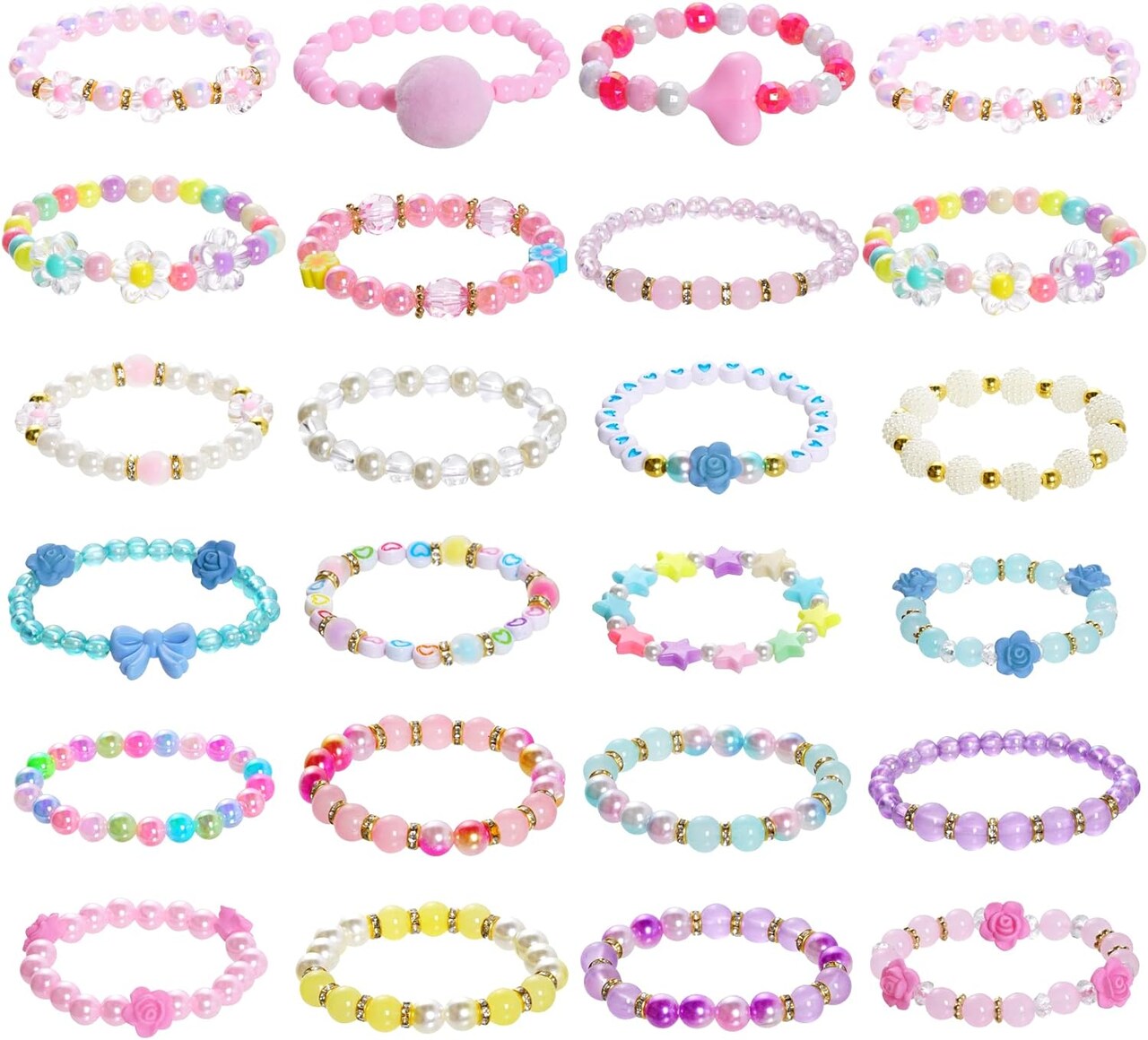 24 Pieces Princess Bracelets Girls Beaded Bracelets Little Girls Costume Jewelry Set for Birthday Party